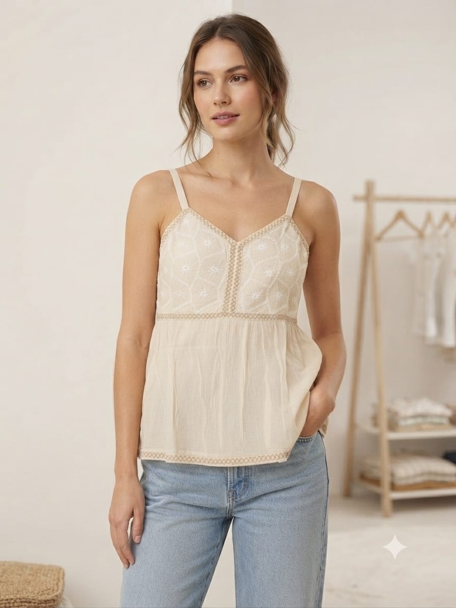 Women Off-White Embroidered Camisole Top | Sleeveless V-Neck Peplum Cami Top