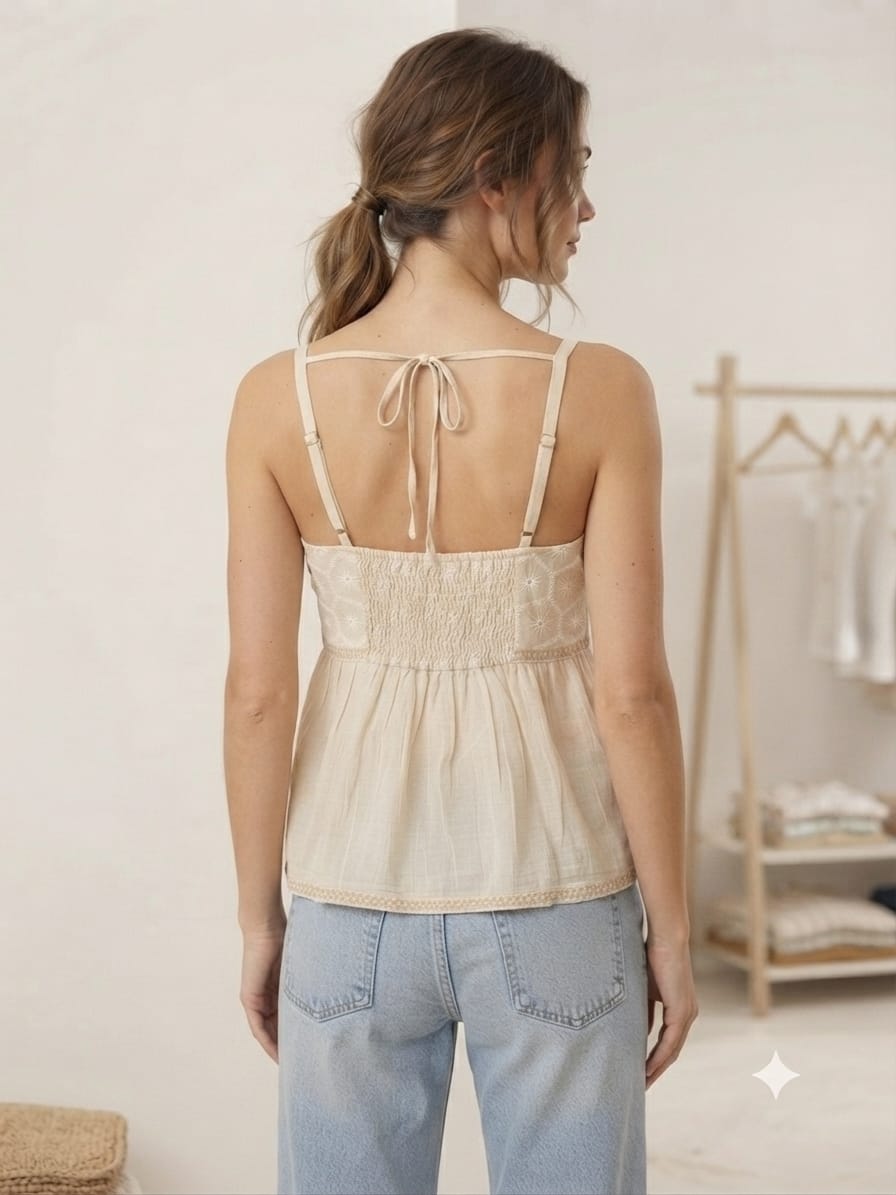 Women Off-White Embroidered Camisole Top | Sleeveless V-Neck Peplum Cami Top