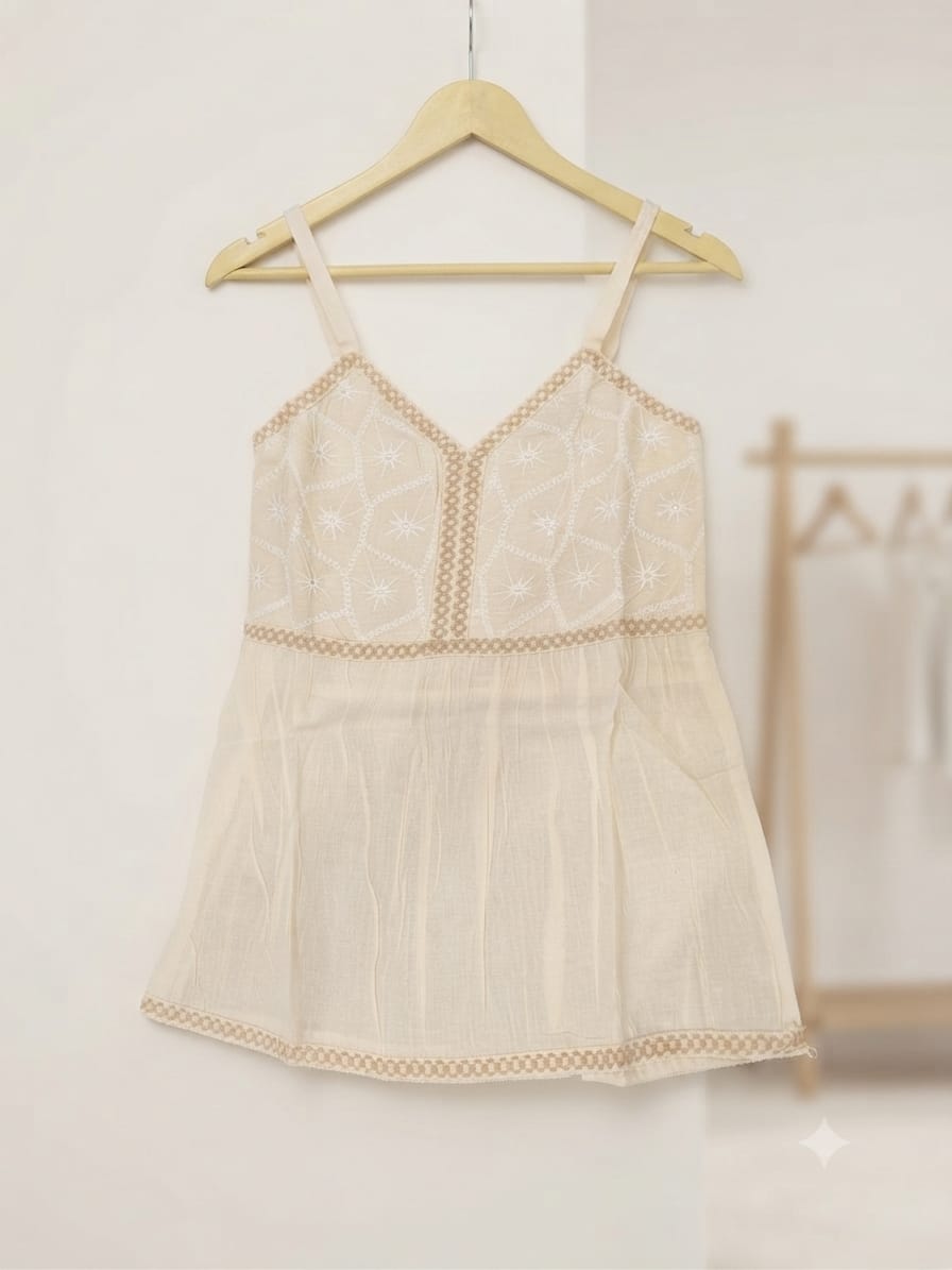 Women Off-White Embroidered Camisole Top | Sleeveless V-Neck Peplum Cami Top