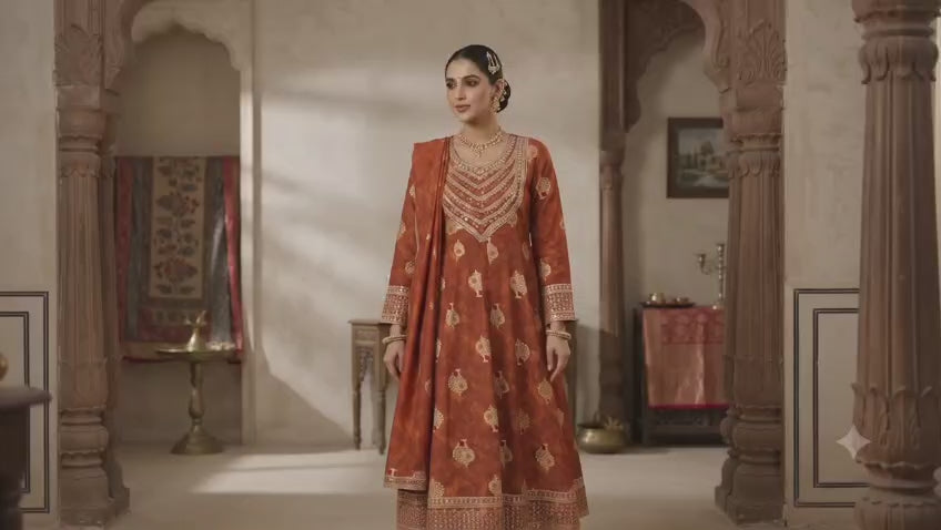 Ethnic Elegance Rust Orange Zari work Anarkali